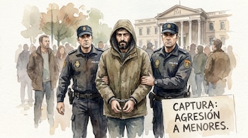 Ilustración en acuarela de un hombre barbudo y encapuchado esposado, escoltado por dos policías uniformados, frente a una multitud y un edificio.