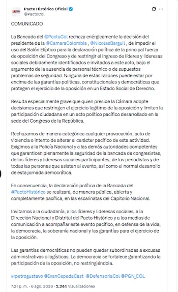 El Pacto Histórico confirmó que no podrá utilizar el Salón Elíptico del Capitolio Nacional para un evento que ya tenía programado - crédito @PactoCol/X