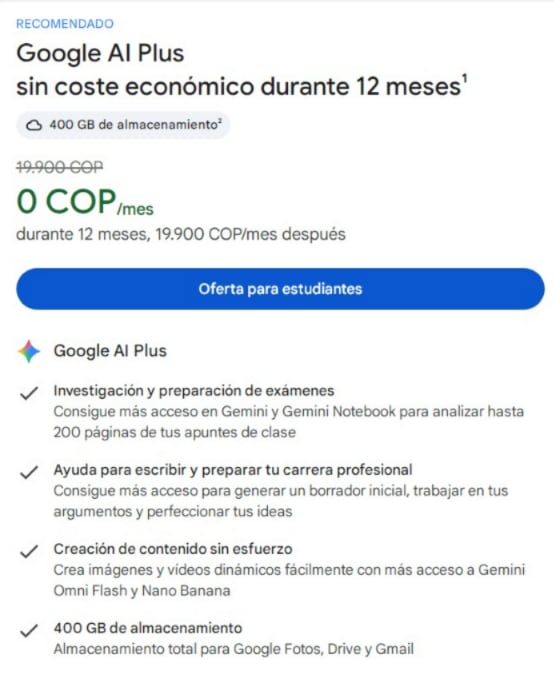 Solo los estudiantes pueden reclamar la promoción de Google referente al acceso completo a sus herramientas de IA. (Google)