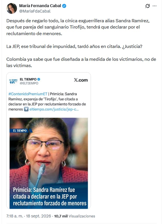 A las críticas del togado se sumó la exsenadora María Fernanda Cabal, quien llamó cínica a Ramírez por negar los abusos de los altos mandos de las extintas Farc. - crédito @MariaFdaCabal/X