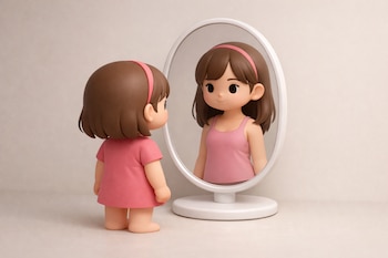 Ilustración 3D de una figura infantil con vestido rosa y diadema rosa, de espaldas, mirando un espejo ovalado. Su reflejo muestra una versión un poco más desarrollada.