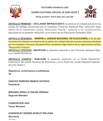 JEE envía al Pleno del JNE un pedido de Renovación Popular para anular elecciones.
