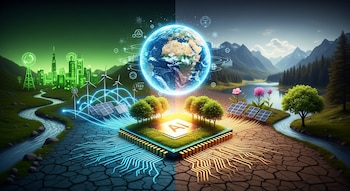 Una imagen conceptual que muestra un planeta Tierra brillante sobre un chip de IA. A la izquierda, una ciudad verde y energías renovables; a la derecha, naturaleza y tierra agrietada. Circuitos unen todo.
