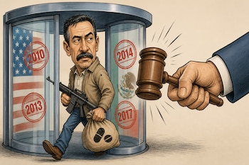 Ilustración de un hombre armado con una bolsa que sale de una puerta giratoria con banderas y es detenido por un mazo de madera.