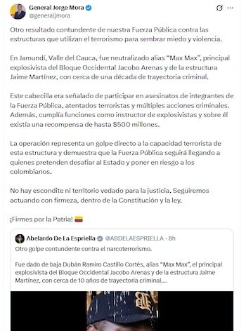 Ministro de Defensa afirmó que la operación contra alias Max Max fue un éxito - crédito @generaljmora/X
