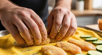 Dos manos, cubiertas de polenta, rebozan piezas de comida cruda con polenta amarilla brillante sobre una superficie metálica. Rodajas de pepino verde se ven al lado.