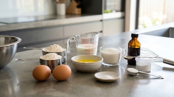 Huevos, tazas de harina, leche, mantequilla derretida, azúcar, vainilla, polvo de hornear y sal sobre un mesón gris en una cocina moderna.