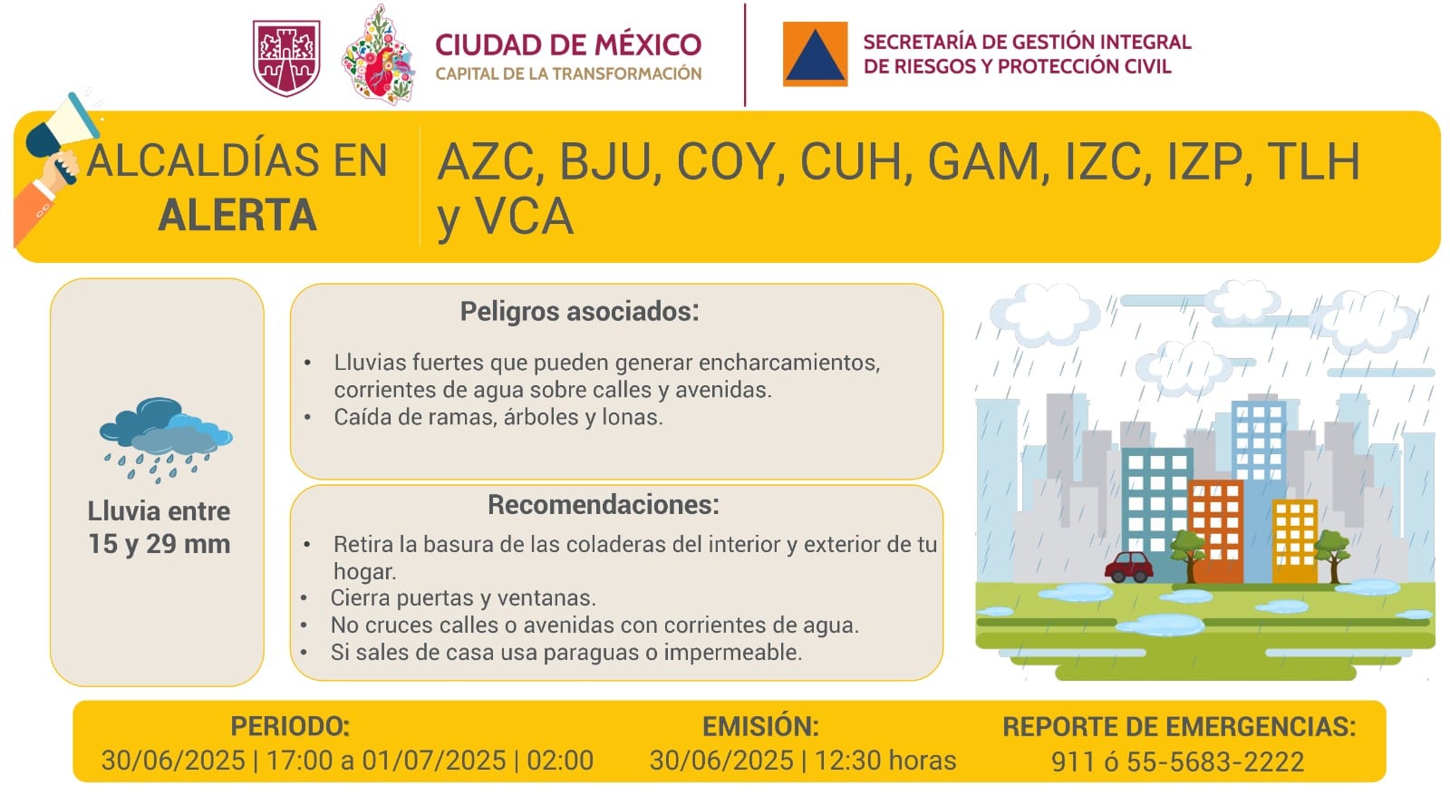 Alerta amarilla en estas alcaldías de la Ciudad de México hoy lunes 30 de junio. Foto: X/@SGIRPC_CDMX.