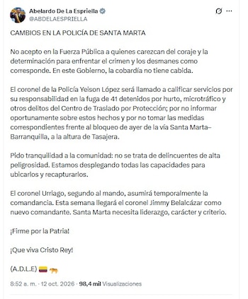 El presidente De la Espriella afirmó que los detenidos que escaparon no son considerados criminales de alta peligrosidad - crédito @ABDELAESPRIELLA/X