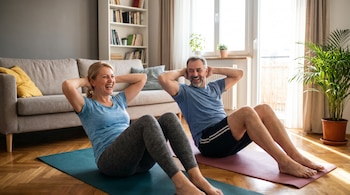 Hombre y mujer de mediana edad sonriendo mientras realizan abdominales en colchonetas de yoga azules y moradas sobre un suelo de madera en casa.
