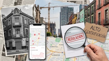Collage con edificio con cartel 'Se Renta', smartphone mostrando Airbnb y precios, lupa con 'REGULACIÓN', cartel 'ALTO GENTRIFICACIÓN', y mapa de CDMX.