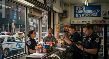 Tres oficiales del NYPD interactúan con un hombre en una tienda. Fuera, un coche de policía y un taxi. Un cartel azul dice "NYPD STOP ROBBERIES".