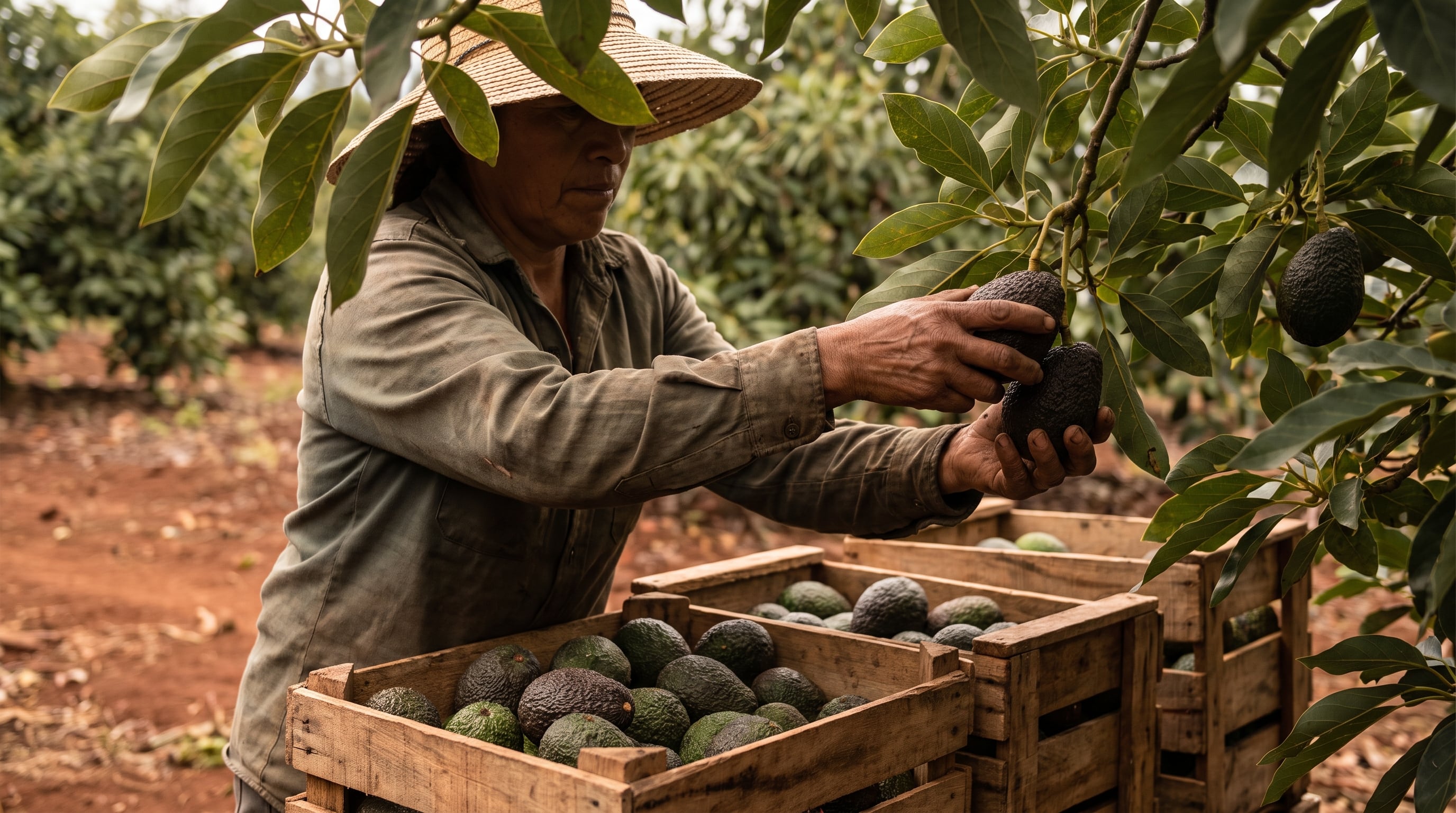 Una agricultora recolecta aguacates maduros del árbol para colocarlos en cajas de madera en Michoacán, México. (Imagen Ilustrativa Infobae)