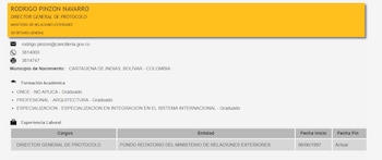 Esta es parte de la información de la hoja de vida de Rodrigo Pinzón Navarro - crédito Dapre