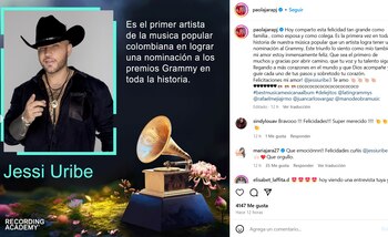 Así felicitó Paola Jara a Jessi Uribe por su nominación a los premios Grammy 2025 - crédito paolajarapj/IG