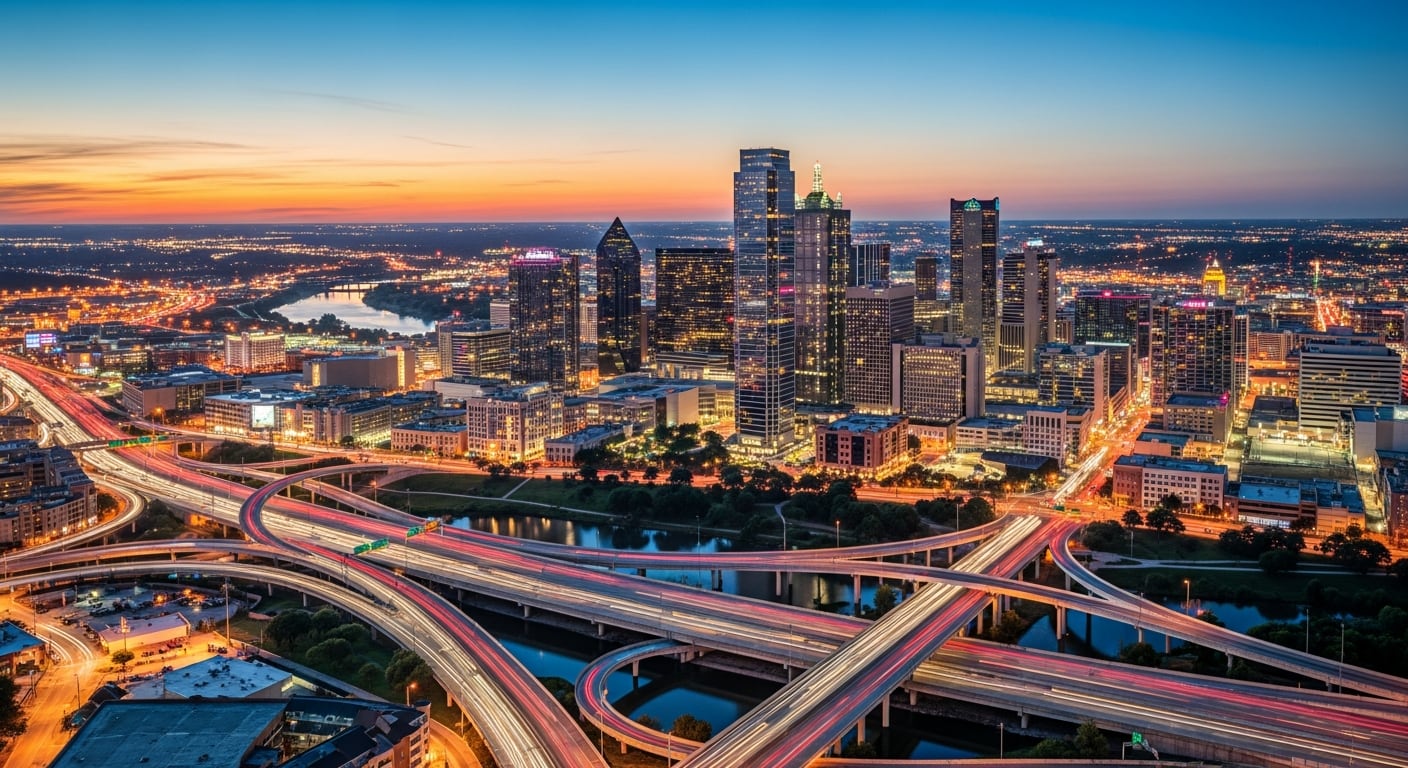 El skyline de Dallas, Texas, al atardecer, con sus autopistas iluminadas y rascacielos, refleja el crecimiento del alquiler temporario en el norte de Texas por la Copa Mundial. (Imagen Ilustrativa Infobae)