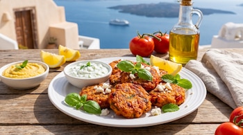 Plato con buñuelos de tomate, salsa blanca, queso feta y albahaca, junto a aceite de oliva, limones y tomates sobre una mesa de madera.
