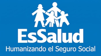 Fondo azul con el logotipo blanco de EsSalud, que incluye siluetas de dos adultos y dos niños, y la frase "Humanizando el Seguro Social".