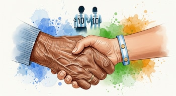 Ilustración de primer plano de dos manos que se estrechan, una envejecida y otra joven con pulsera; al fondo, dos figuras con camisetas número diez.