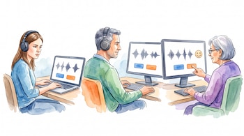 Ilustración en acuarela de tres personas con auriculares frente a pantallas de computadora que muestran ondas de sonido y botones de colores.