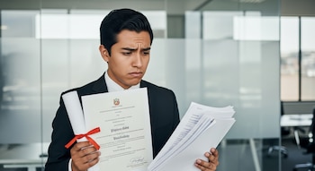 Un hombre joven vestido de traje sostiene un diploma enrollado con una cinta roja y un fajo de papeles blancos, con expresión de preocupación en una oficina moderna.