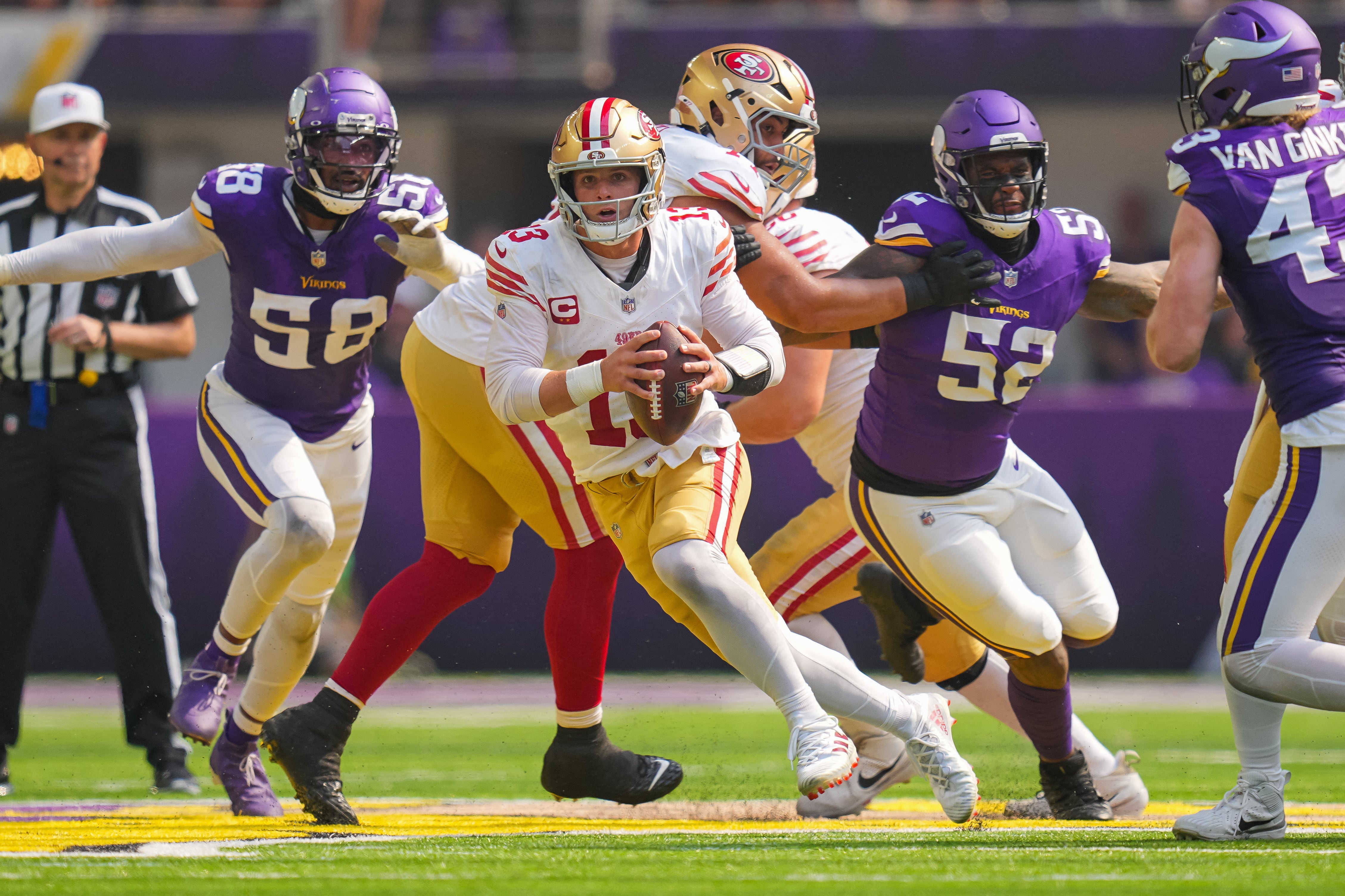 El encuentro entre los San Francisco 49ers y los Minnesota Vikings se llevará a cabo el próximo domingo 22 de noviembre desde el Estadio Banorte. (Brad Rempel-Imagn Images)
