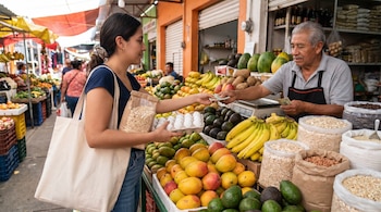 Una mujer joven con una bolsa de tela sostiene huevos y avena, mientras le entrega dinero a un vendedor en un mercado con puestos de frutas.