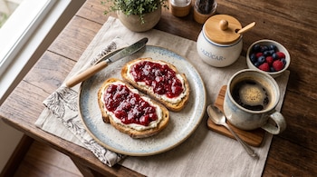 Dos tostadas con queso y mermelada en un plato, una taza de café negro, frutos rojos y una azucarera sobre un mantel en una mesa de madera.