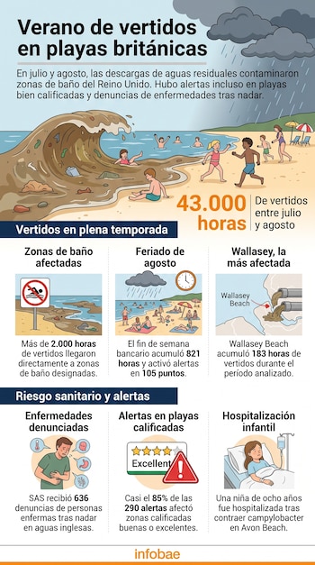 Infografía ilustrada con textos, dibujos de playas contaminadas, tuberías de desagüe, un mapa y un niño hospitalizado.