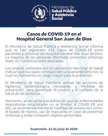 Infografía con el logo del Gobierno de Guatemala y el Ministerio de Salud Pública. Muestra texto sobre 132 casos de COVID-19 por Ómicron y medidas preventivas, con fecha