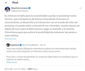 Mauricio Lizcano reaccionó a captura de banda metros de cobre de internet - crédito @MauricioLizcano