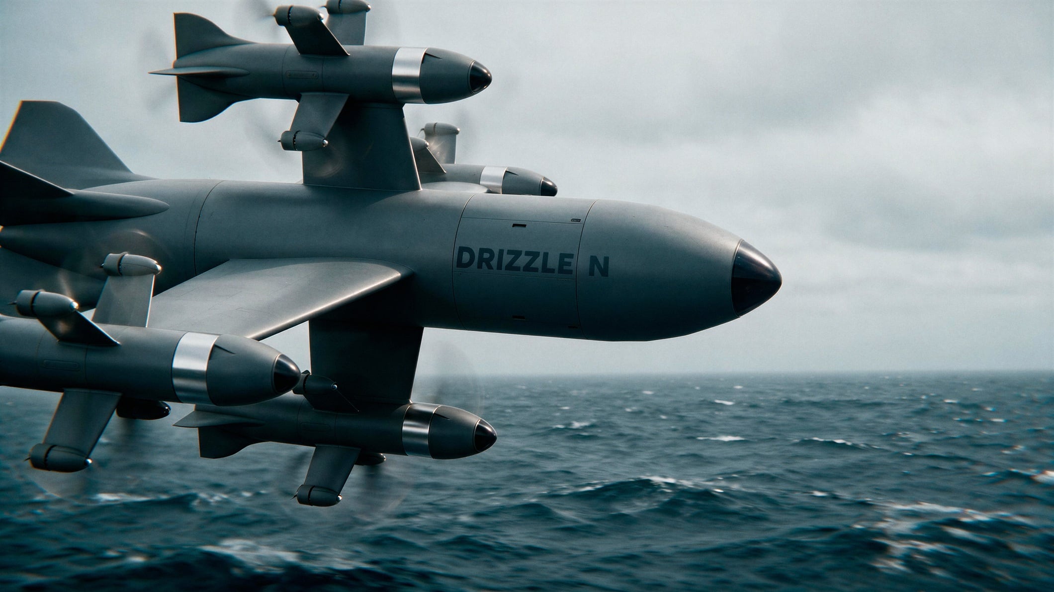 El dron interceptor español Drizzle N vuela sobre el mar equipado con sensores infrarrojos y capacidad para superar los 400 kilómetros por hora. (Indra)