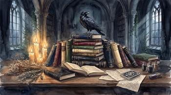 Cuervo sobre pila de libros en escritorio de madera. Velas encendidas, libro abierto, pergaminos, carta de tarot boca abajo y frascos. Fondo de biblioteca gótica.