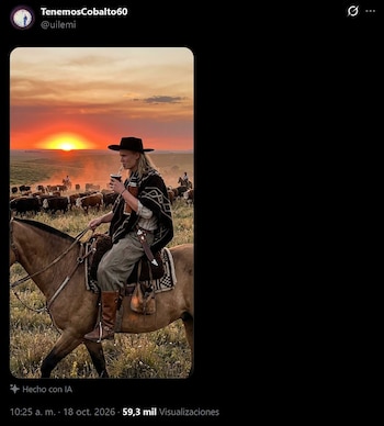 Hombre con rasgos de Erling Haaland montado a caballo, con poncho y sombrero, tomando mate frente a ganado vacuno durante el atardecer
