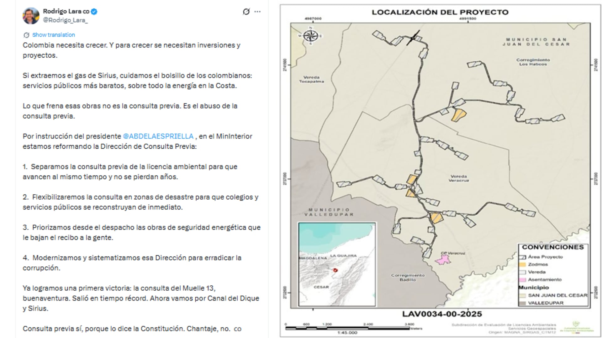 El ministro señaló que la medida apunta a reducir los plazos de iniciativas estratégicas y a facilitar la reconstrucción de infraestructura en zonas afectadas por desastres - crédito Anla - @Rodrigo_Lara_/X