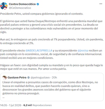 Centro Democrático criticó a Gustavo Petro y defendió gestión de Iván Duque durante la pandemia - crédito @CeDemocratico/X