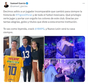 Samuel García se despede de André-Pierre Gignac, pois ele pode continuar jogador do Tigres na próxima temporada (Captura de tela)