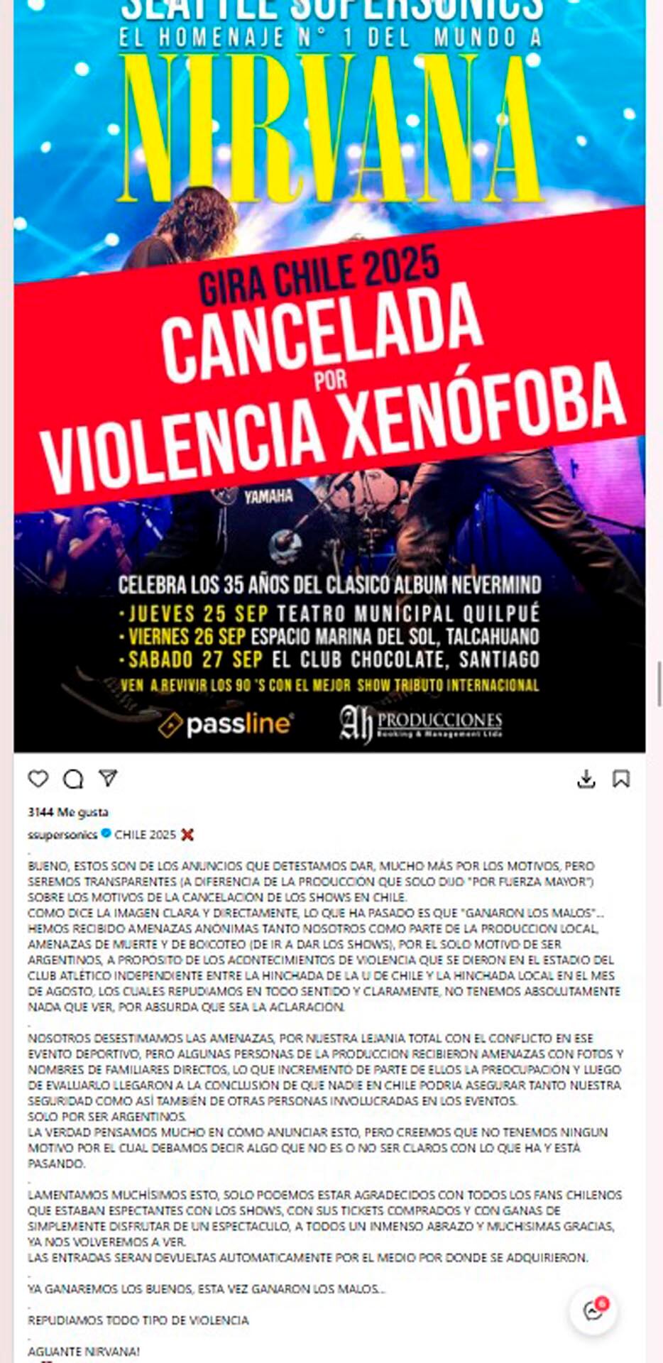 El comunicado de la banda tributo a Nirvana (Instagram)