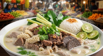 Primer plano de un tazón humeante de Soto Betawi con caldo blanco, trozos de carne y vísceras, guarnición de hierbas, arroz y lima, en un mercado.