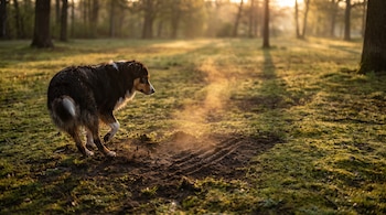 Un perro tricolor rasca la tierra en un parque al amanecer; se observa el suelo removido y partículas de polvo elevándose, con árboles al fondo.