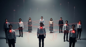 Un grupo de personas de pie en un fondo gris minimalista, conectadas por cuerdas rojas brillantes que parecen romperse y desintegrarse en partículas.