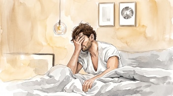 Hombre de cabello castaño y barba sentado en la cama, cubriendo su rostro con la mano. Hay dos cuadros y una lámpara colgante en la pared de fondo.