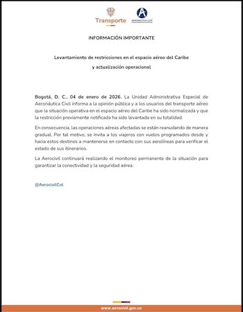 Aeronáutica Civil informa sobre la