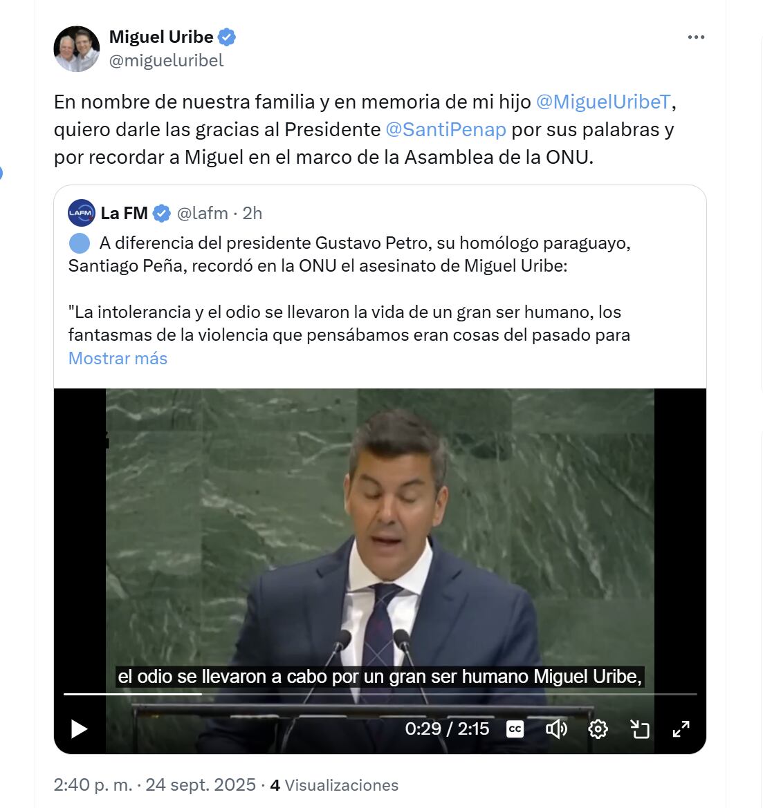 El precandidato Miguel Uribe Londoño agradeció al presidente de Paraguay por expresar su rechazo por el asesinato de su hijo Miguel Uribe - crédito @migueluribel/X