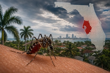 Un mosquito sobre piel humana frente a un mapa de Florida con la región de Tampa Bay resaltada en rojo y palmeras al fondo.