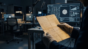 Manos con guantes blancos sostienen una carta antigua escrita a mano frente a un monitor con el logotipo de OpenAI.