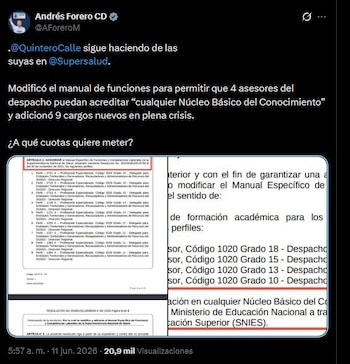 El representante Andrés Forero cuestionó la flexibilización de requisitos y la creación de nuevos cargos en la Superintendencia de Salud.- crédito Andrés Forero/X