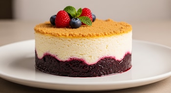 Cheesecake invertido en plato blanco. Base de frutos rojos, centro cremoso blanco, crumble superior. Decorado con frambuesas, arándanos y menta.