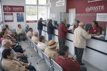 Interior de una oficina del ISSSTE con un grupo de adultos mayores sentados en filas y otros interactuando con personal femenino detrás de un mostrador de atención.