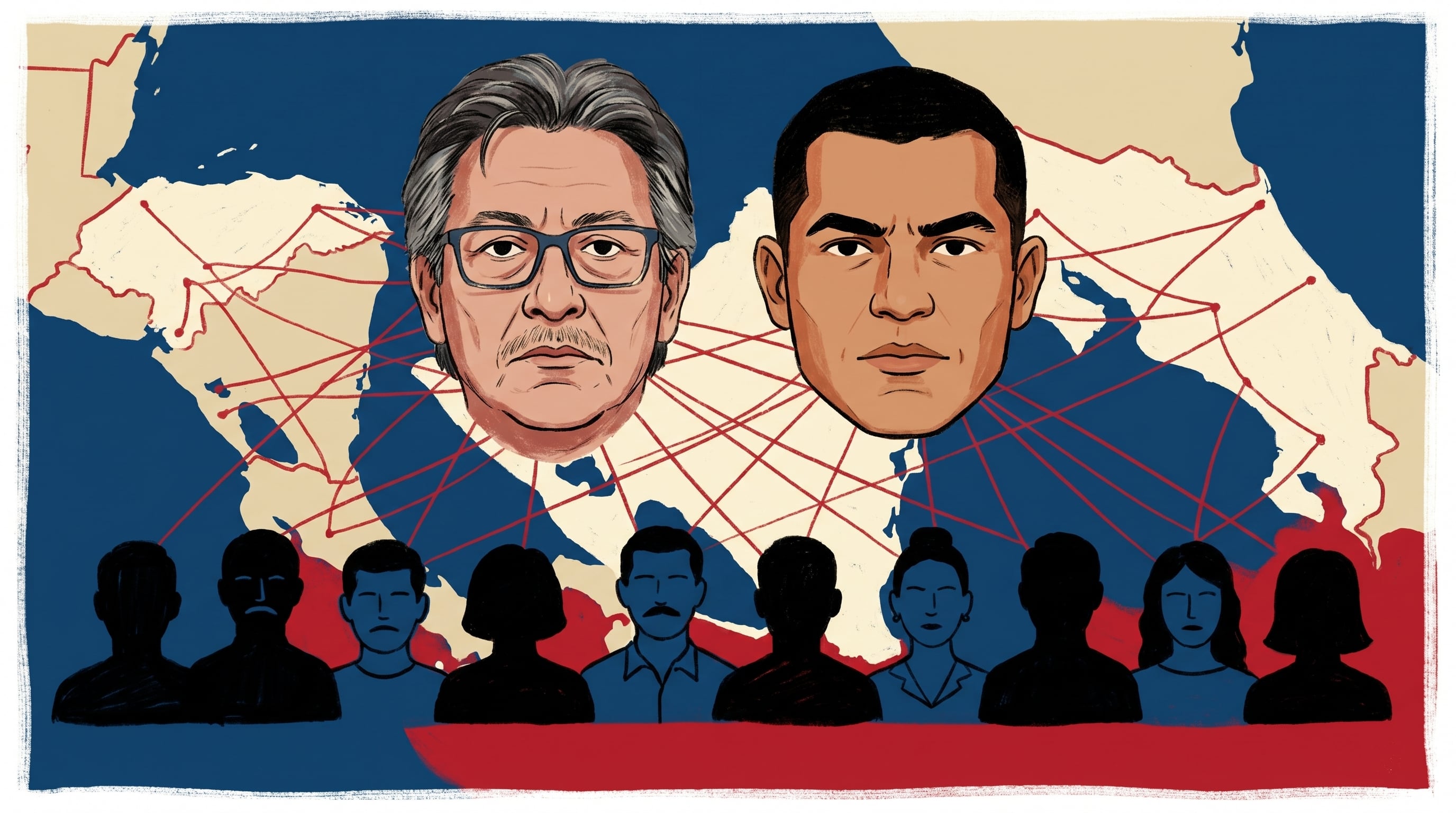 Una ilustración digital presenta los retratos de Roberto Samcam y Joao Maldonado delante de una hilera de siluetas de nicaragüenses, con mapas de Honduras y Costa Rica al fondo y hilos rojos que los conectan. (Imagen Ilustrativa Infobae)
